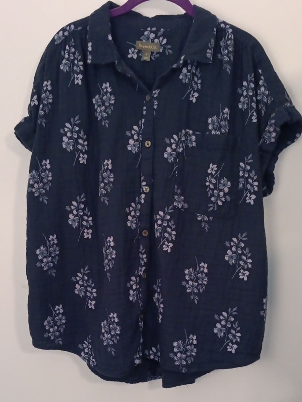 Style & Co. Navy Floral Short-Sleeve Button-Down Shirt